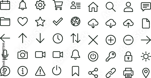 Essential user interface outline vector icon set for web navigation controls notifications communication tools and digital platform applications