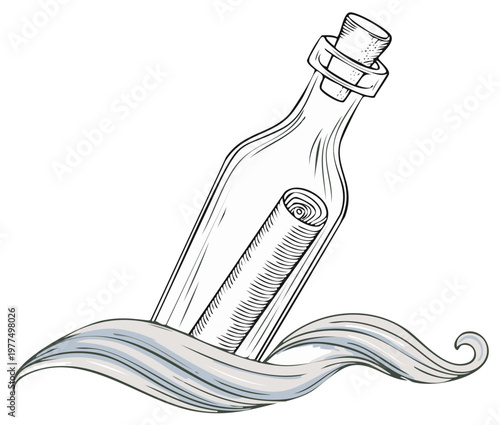 Message in a bottle illustration, vintage line drawing, message on the waves