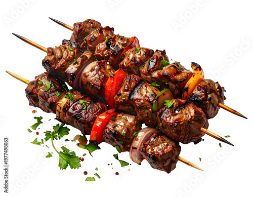 Juicy grilled meat and vegetable skewers, seasoned and fresh