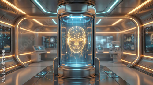 Futuristic AI Human Head Hologram in High-Tech Laboratory