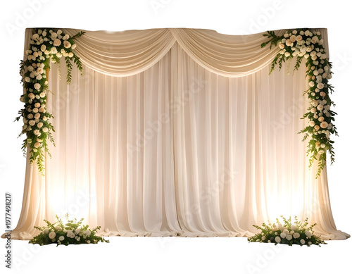 Elegant draped fabric backdrop adorned with lush floral arrangements