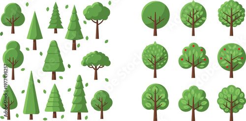 Tree Icon Set Featuring Coniferous, Deciduous, and Fruit Trees for Web and App Designs