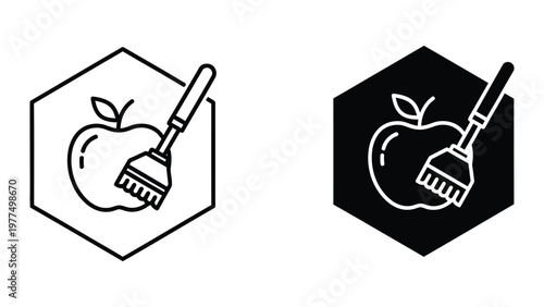 Contrast of cleaning tools depicted with an apple in white and black color schemes