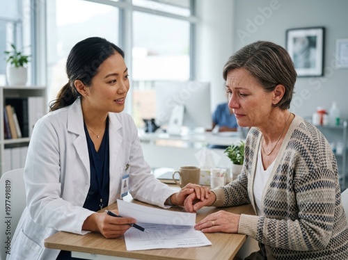 Asian female doctor providing compassionate consultation to senior woman