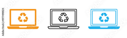 Recycling symbol on laptops promoting e waste management and sustainable technology practices