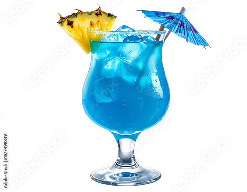Vibrant blue cocktail with pineapple slice and umbrella