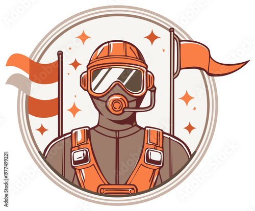Cartoon Diver in Orange Gear with Flags and Circular Border