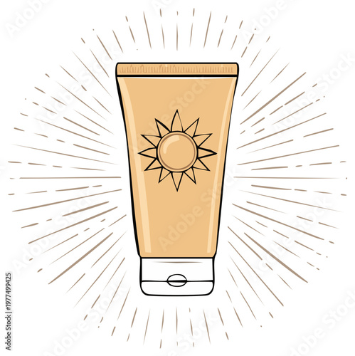 Hand-drawn sunscreen lotion tube with sun icon and sunburst rays for summer skin care