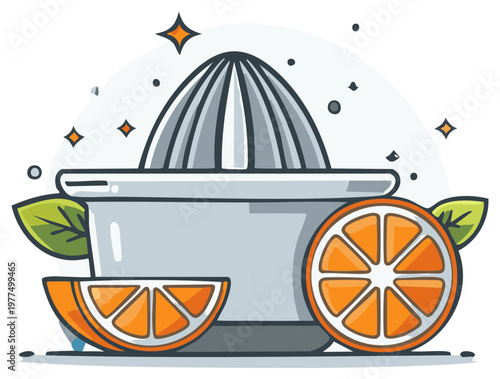 Freshly squeezed citrus juice illustration, orange juicer with orange slices and leaves, cartoon style.