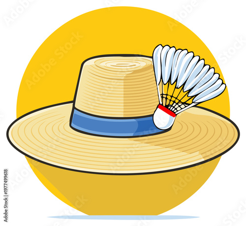 Cartoon Straw Hat with a Blue Ribbon and Badminton Shuttlecock Against a Yellow Circle Background