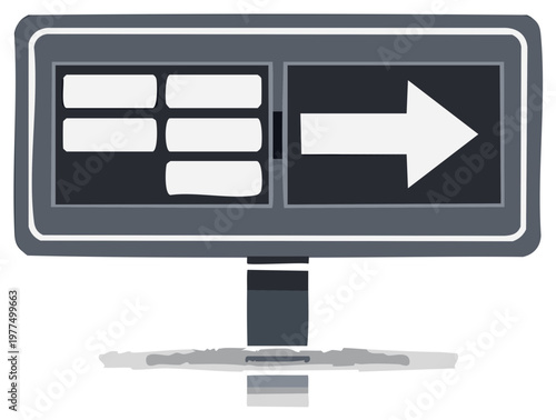 Digital information board with text fields and large arrow indicating direction
