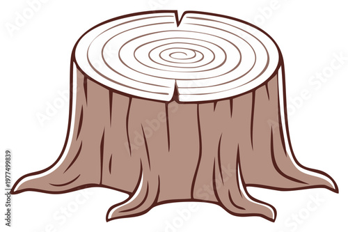 Cartoon Tree Stump Illustration with Annual Rings and Roots Detailed