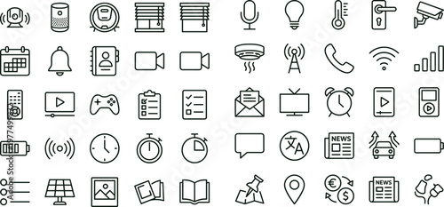 Smart device communication outline vector icon set for media interface controls notifications connectivity applications and digital technology services