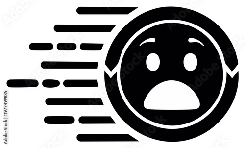 Scared emoticon face moving with speed lines in panic or surprise vector illustration