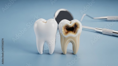 Wallpaper Mural Healthy tooth next to decayed tooth with dental tools Torontodigital.ca