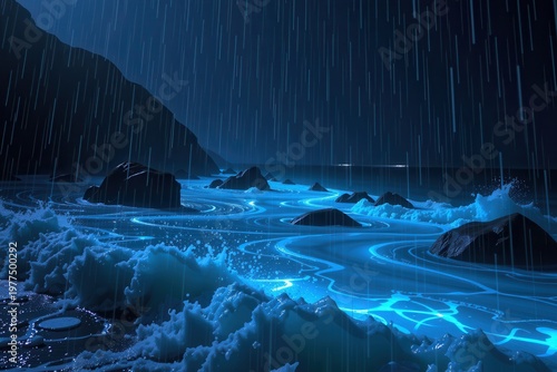 A glowing, neon blue bioluminescent bay being actively churned and pelted by heavy, dark rain.