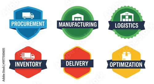 Supply chain management icons featuring procurement, manufacturing, logistics, inventory, delivery, and optimization concepts presented in clean, scalable vector shapes with a