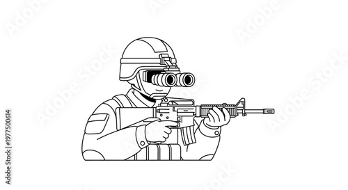 A determined soldier wearing a helmet and night vision goggles, holding a rifle with precise aiming, depicted in a clean, scalable vector line art style with bold outlines and a