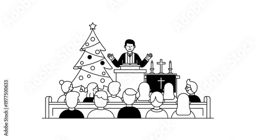 Congregation gathers for a festive christmas sermon, featuring a preacher at a podium beside a decorated tree, with candles and a cross adorning the altar, depicted in a clean,
