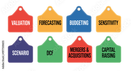 Financial planning tags displaying valuation, forecasting, budgeting, sensitivity, scenario, dcf, mergers, acquisitions, and capital raising concepts in a clean, modern, scalable