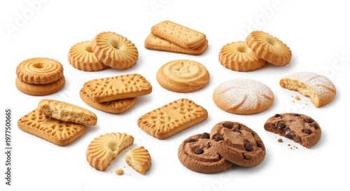 Assorted butter cookies and chocolate chip biscuits collection, variety of sweet shortbread snacks, golden baked treats on white background