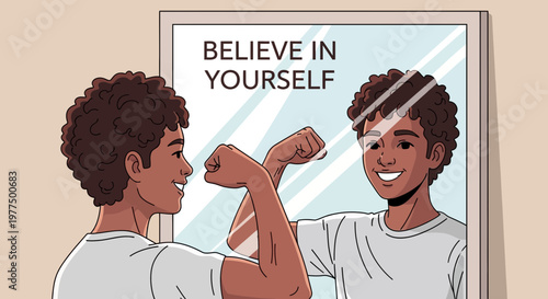 Man flexing muscles in mirror, text BELIEVE IN YOURSELF, self-confidence, motivation