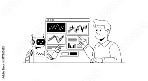 Friendly robot assistant collaborates with a businessman, analyzing stock market candlestick charts and line graphs on computer screens, showcasing technological advancement in