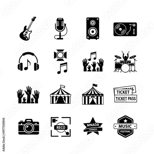 Collection of black vector icons representing musical instruments, audio equipment, concert elements, and event signage, perfect for creative projects.
