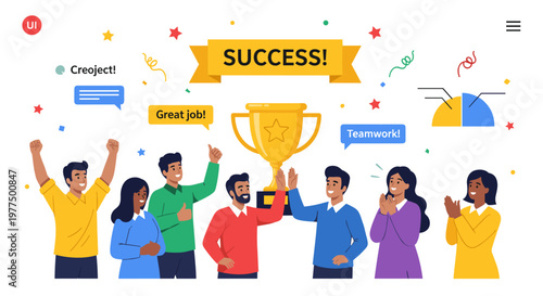 Diverse team celebrates winning achievement with golden trophy, high-fives, and congratulatory speech bubbles expressing success, great job, and teamwork, featuring colorful