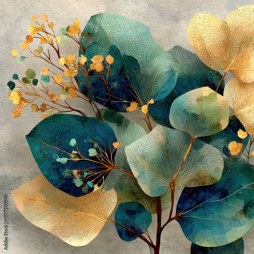 Elegant botanical composition with eucalyptus leaves, decorative floral art