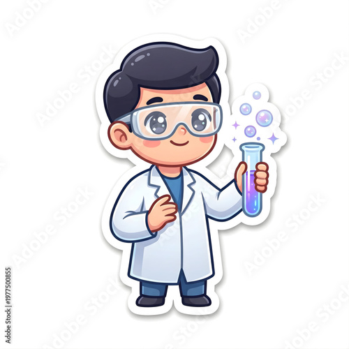 Cute Cartoon Scientist Holding Test Tube With Bubbles