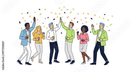 Diverse group of professionals celebrating success with high fives and confetti, showcasing teamwork, achievement, and positive workplace dynamics with a clean, modern vector art