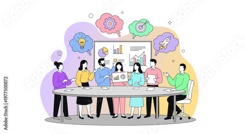 Diverse team collaborates around oval table, presenting charts and graphs, brainstorming ideas with lightbulb, gear, target, and rocket ship icons in thought bubbles, signifying