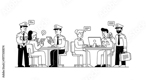 Border control officers review documents and passports at desks, interacting with travelers using computers and briefcases, depicting security checks and immigration processes