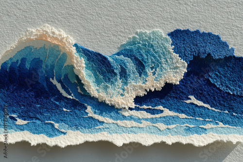Abstract ocean wave made of textured paper, blue seascape artwork
