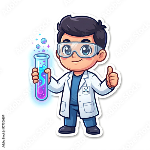 Young Scientist With Test Tube And Thumbs Up