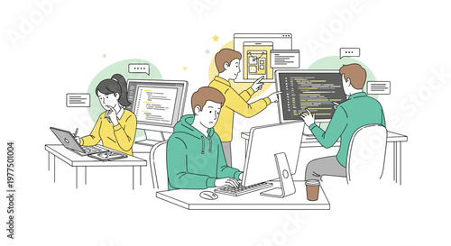 Diverse team of programmers collaborating on software development projects, displaying code on monitors, using laptops and tablets, with subtle pastel circles and stars enhancing
