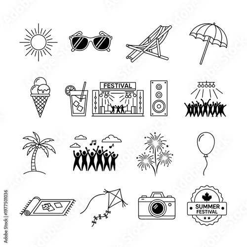 Collection of simple line art icons representing summer festival activities, featuring a bright sun, cool sunglasses, a comfortable deck chair, a beach umbrella, refreshing ice