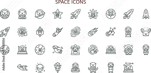 Space exploration outline vector icon set featuring astronauts rockets planets satellites galaxies universe elements and cosmic travel symbols