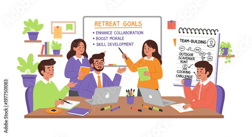 Diverse group collaborates during corporate retreat planning session, discussing goals like skill development and team building activities, featuring laptops, notebooks, and