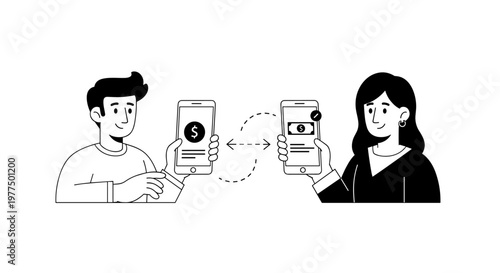 Man and woman exchanging money digitally using smartphones, depicting seamless financial transactions with clear dollar symbols and checkmarks, representing modern payment methods