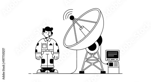 Observant technician monitors vast satellite dish receiving signals transmitted through airwaves, utilizing modern computer console for data analysis, featuring clean lines, bold
