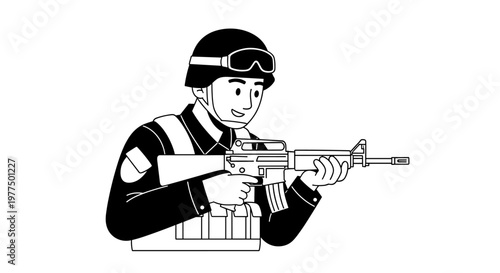 Smiling soldier wearing helmet and goggles, holding rifle, aiming forward with determination, black and white clean line vector art, representing security, defense, tactical