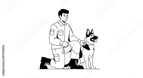 Man in uniform kneeling beside german shepherd dog, depicting loyalty, partnership, and security services with clean lines and a monochrome palette suitable for diverse commercial