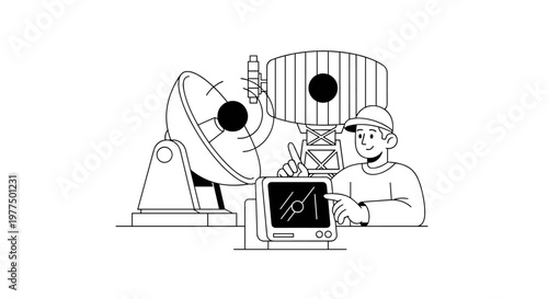 Smiling engineer wearing hard hat points at radar screen near large satellite dish and communication tower, representing technological advancement and scientific research with
