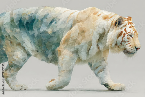 White Tiger Walking Side View Abstract Textured Painting Isolated on Light Background
