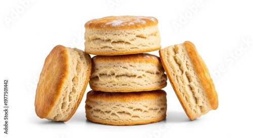 Golden brown buttermilk biscuits stack, fresh flaky southern style biscuits isolated on white, delicious homemade bakery pastry for breakfast