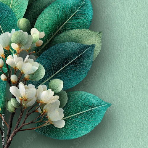 Elegant Green Leaves and White Flowers Minimal Botanical Background with Copy Space