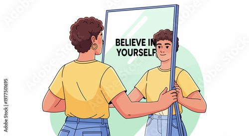 Woman Looking in Mirror, "Believe in Yourself" Message, Self-Confidence