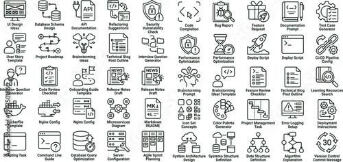 Software development workflow outline vector icon set for coding documentation testing deployment pipelines dashboards and digital engineering applications